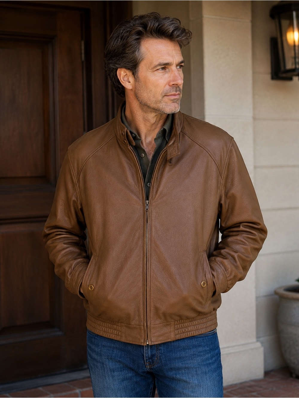 Orvis Men's Large Brown Pebbled Leather Bomber Jacket Buttery Soft Full Zip